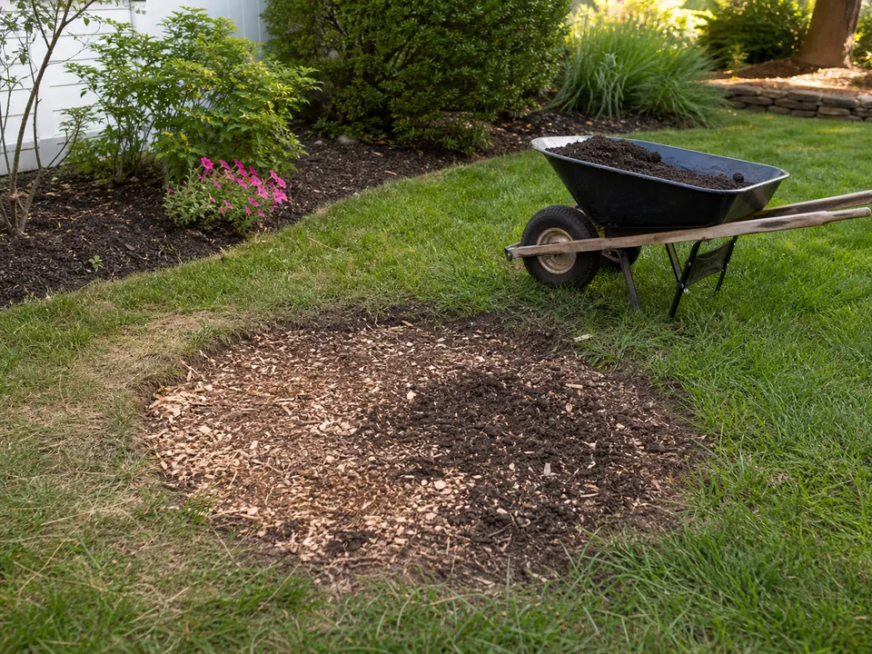 A former stump area being repaired with wood chips and fresh topsoil
