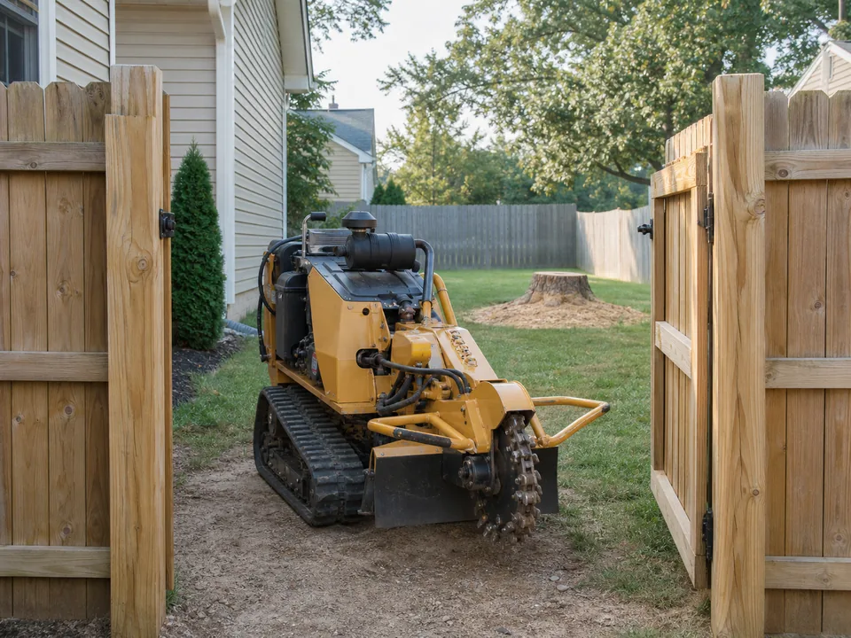 A compact tracked stump grinder aligned with an open backyard gate