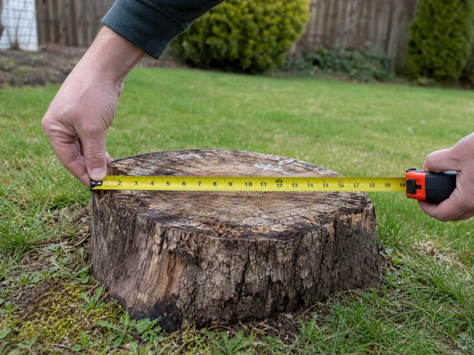 A tape measure stretched across the widest point of a tree stump