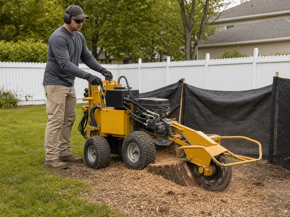 A professional operating a compact stump grinder behind a safety screen